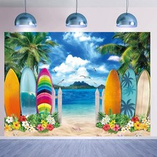 Summer Beach Backdrop 8x6FT Tropical Hawaiian with Palm Trees Surfboard Photo...