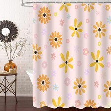 Pink Floral Shower Curtain Set Cute Daisy Flower Girly Shower Curtain with Ho...