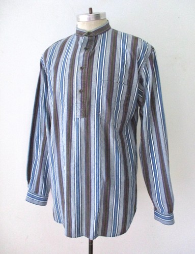 Vtg 70s Miller Stockman Blue Stripe Western Tunic Polo Shirt Banded Collar L/XL - Picture 2 of 7