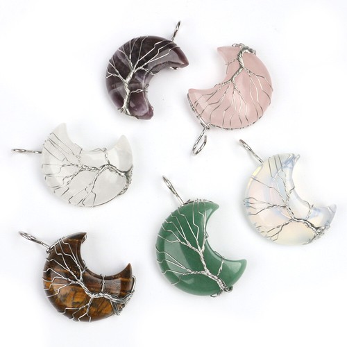 Natural Healing Crystal Quartz Wire Wrap Tree Of Life Crescent Moon Gem Pendant - Picture 6 of 37