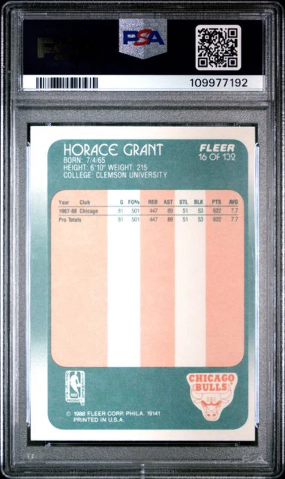 Tarjeta de baloncesto Fleer Horace Grant #16 1988 graduada novato radiocontrol PSA 8 casi nueva-como nueva Foto 2 de 2
