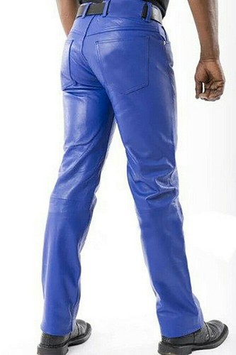 Men's Leather Pant 100% Real Blue Lambskin Slim Fit Stylish Causal - Picture 3 of 7
