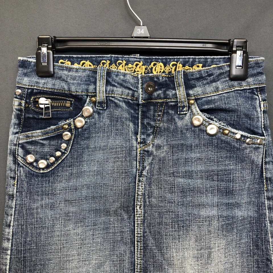 Dollhouse Long Denim Skirt Size 0 37" Length Stretch Rock Hippie Alt Studded Y2K - Image 2 of 4