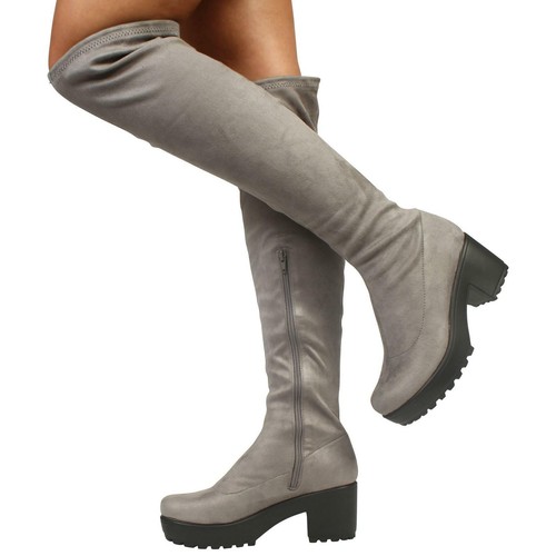 Para mujer Botas de plataforma alta en el muslo Damas con cremallera sobre la rodilla bloque de tacones altos Zapatos - Imagen 5 de 23