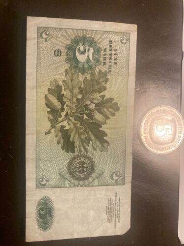 GERMANY 5 mark 1960 bank note - Venetian Woman & 1991 5 mark Coin - Picture 2 of 2