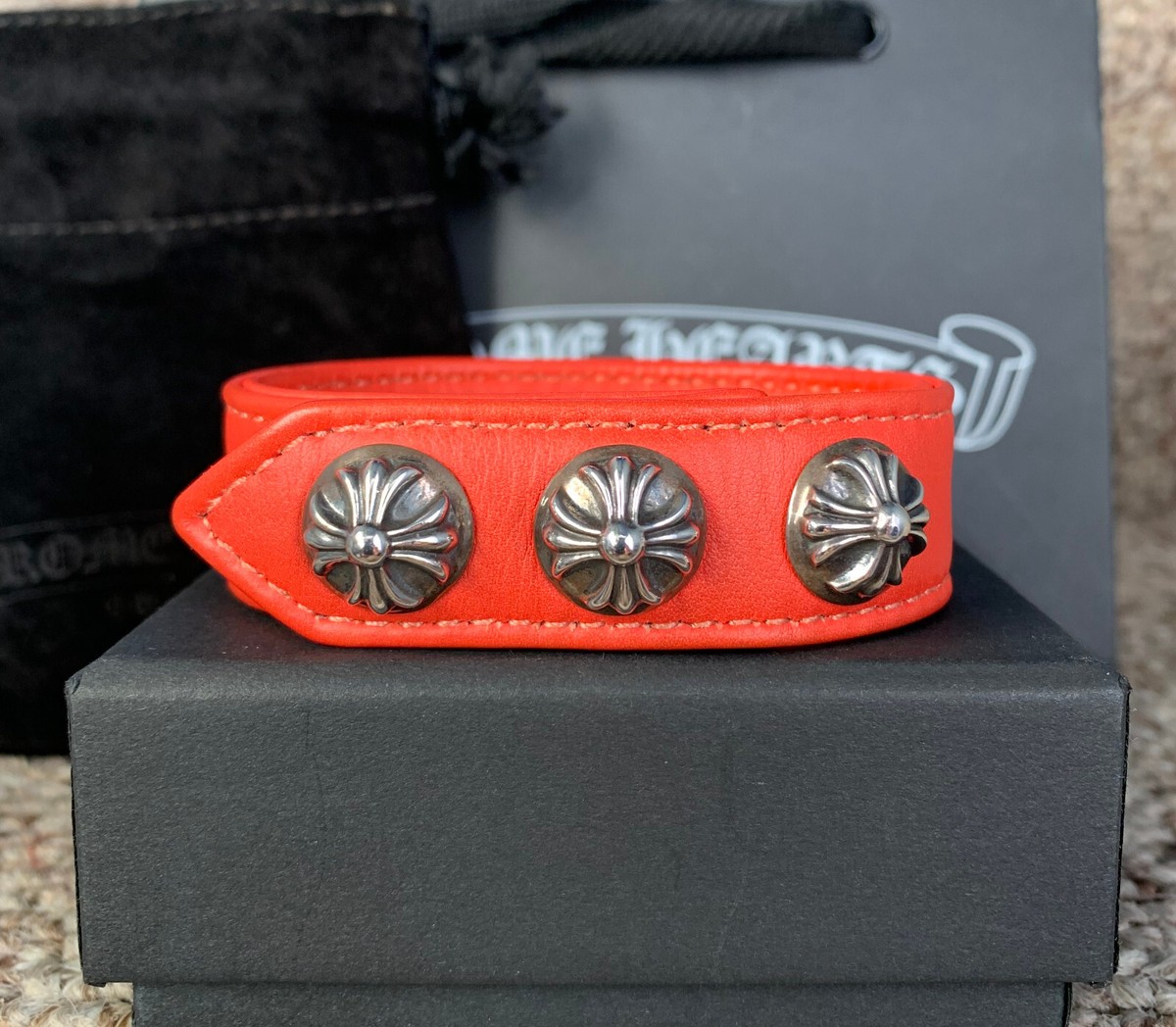 Chrome Hearts Adjustable Leather Sterling Silver Snap Bracelet | eBay