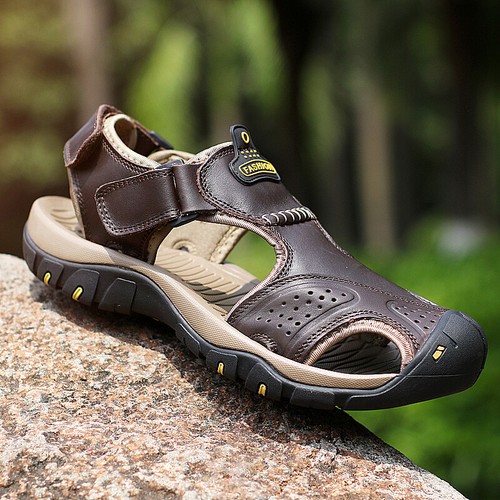 Men's Outdoor Sandals Summer Anti-Collision Toe Casual Shoes Leather Sandals  - Picture 14 of 28