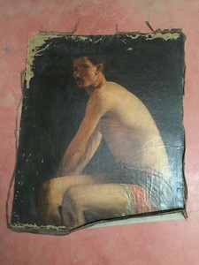 tableau ancien huile sur toile INCONNU (XIXe-s) homme assis en maillot de bain