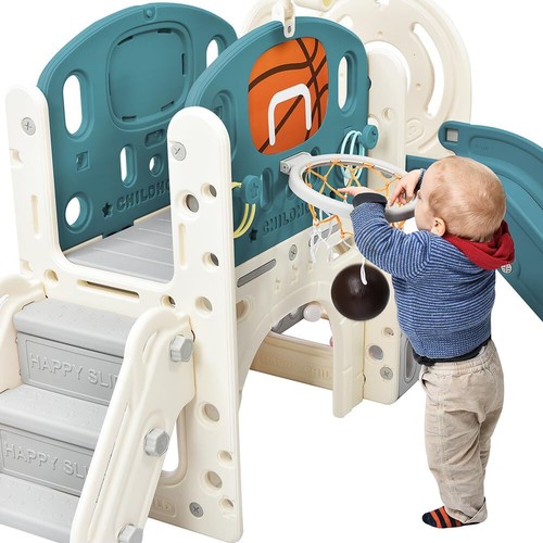 7-in-1 Kids Slide Playset Climbing Crawling Playhouse With Slide Basketball Hoop - Picture 15 of 16