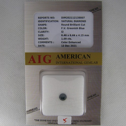 1.09 ct AIG CERTIFIED ROUND SHAPE (6 X 6 MM) GENUINE GREENISH BLUE DIAMOND - Picture 3 of 4