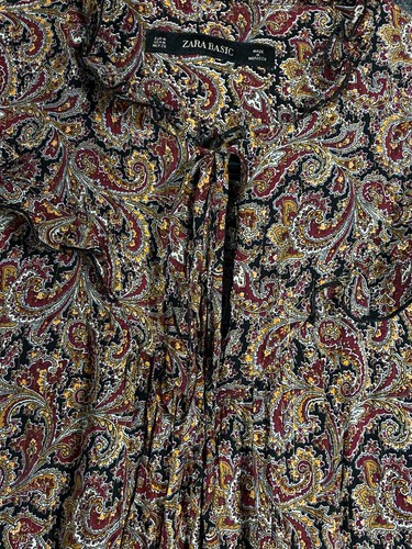Zara Basic Womens Medium Midi Dress Black Rust Paisley Metallic Frill Keyhole - Picture 5 of 15