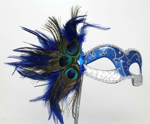 Blau & Silber Venezianische Maskerade Party Abschlussball Karneval Augenmaske Handstab - Bild 2 von 4