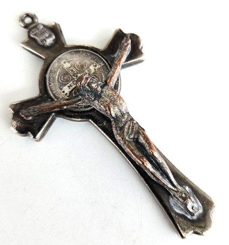 Vintage Saint St Benedict Medal Italy Silver Tone Crucifix Pendant 3-1/8"