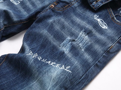 Pantalones de mezclilla elásticos rasgados punk con decoración de letras azul oscuro para hombre - Imagen 6 de 7