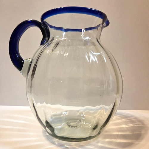 Vintage Mexican Hand-Blown Recycled Glass Cobalt Trim Pitcher and 4 Glasses - Picture 5 of 24