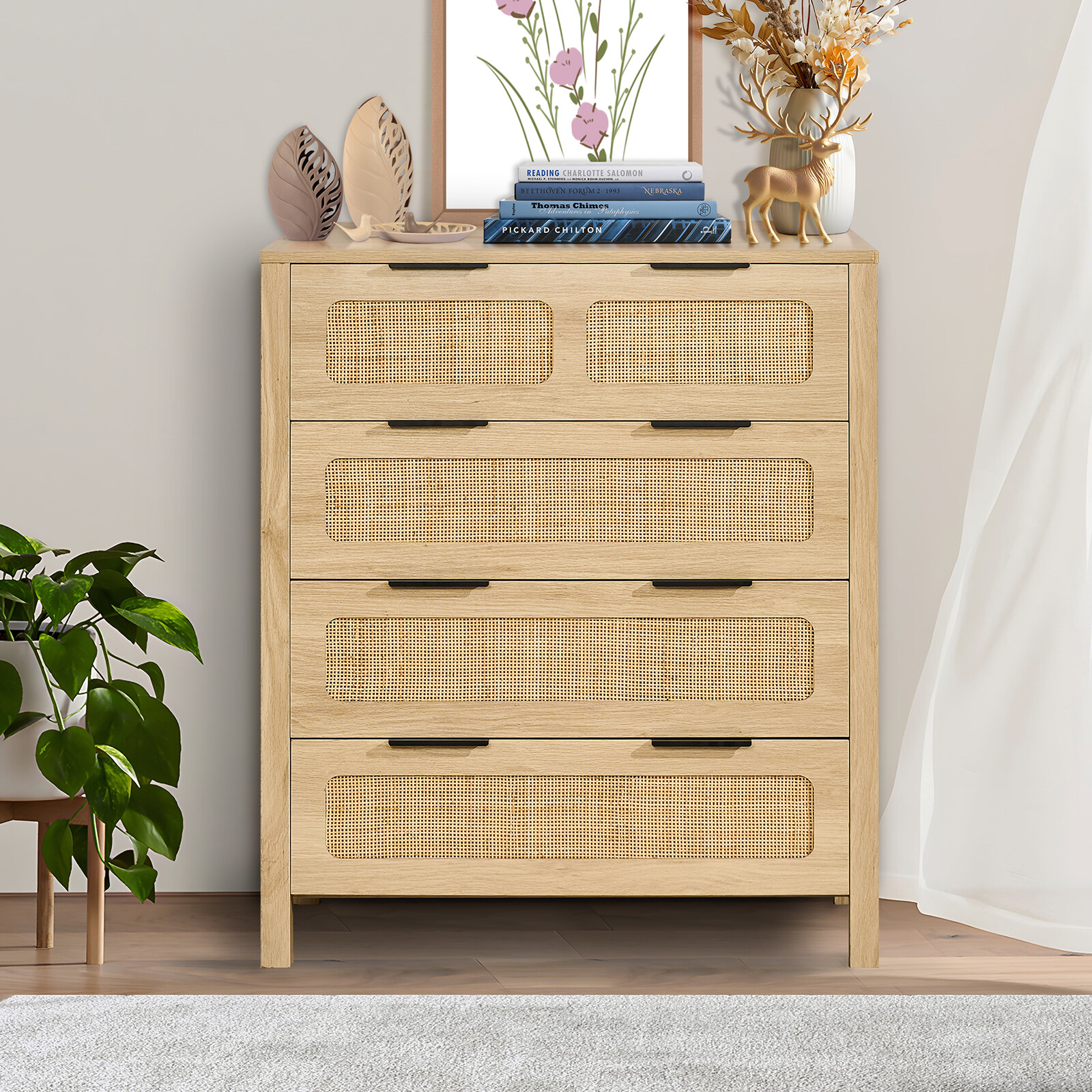 VEVOR Rattan Drawer Dresser Natural Rattan Closet Dresser 4 Drawers for bedroom