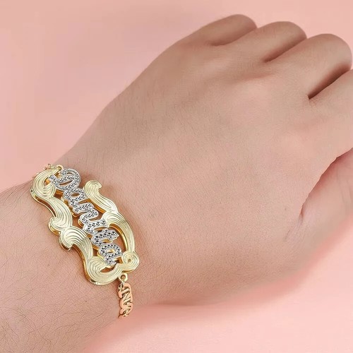 Customized Name Bracelet Two Tone Jewelry Stainless Steel 18k Gold Flat Chain - Picture 3 of 5