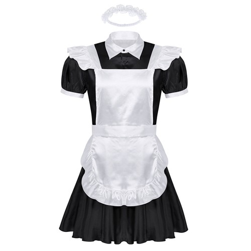 Costume uomo adulto Sissy cameriera francese raso vestito uniforme cosplay festa nightwear - Foto 6 di 22