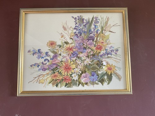 Framed Embroidery Of Floral Scene - Cross Stitch- Wall Hanging