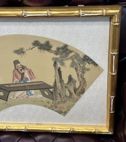 Antiker chinesischer Seidenfächer Gemälde Gelehrter spielt Guqin 17 Zoll x 13 Zoll Gerahmt - Bild 5 von 8
