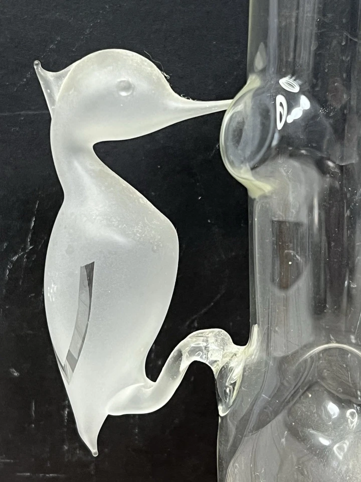 Vintage Art Glass Posy Vase, Sculpture, Woodpecker Bird On Tree, Frosted, Clear - Image 2 of 4