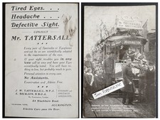 Accrington First Tram 1907. Antique Postcard Size Advertising Card, Optician