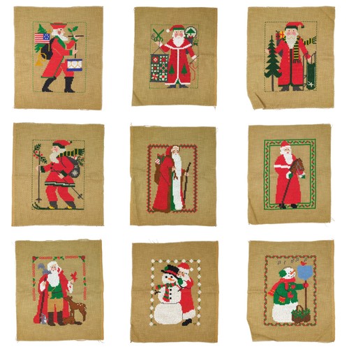 Lot 9 Prairie Schooler Finished Santa Cross Stitch Large Burlap Pillow or Frame - Picture 1 of 12