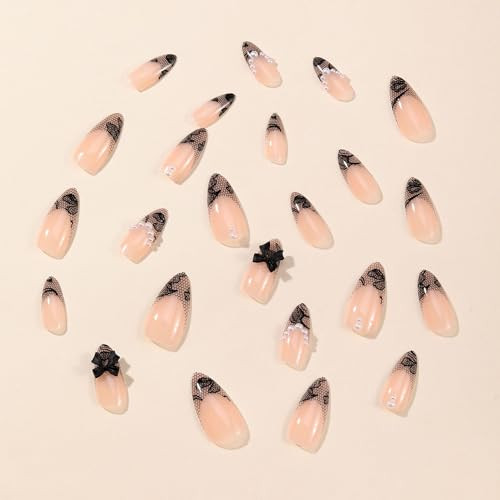 24 Pcs Acrylic Press on Nails Almond Medium Fake Lace Pattern French Design - Picture 3 of 7