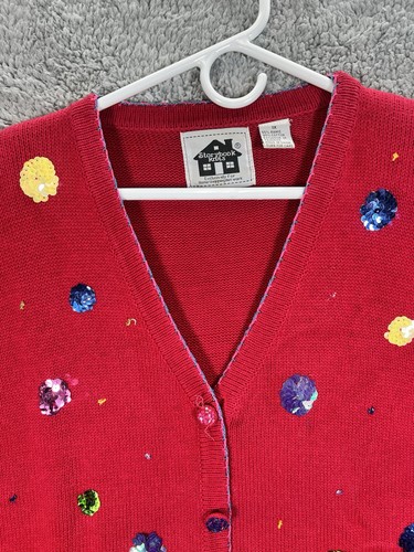 Cárdigan de Colección Libro de Cuentos Tejidos Talla 1X Rojo Lentejuelas Lunares Navidad Suéter Profesor Años 90 - Imagen 4 de 24
