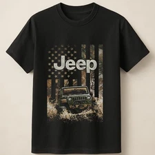 Jeep with American Flag Background and Trail Mud Scene Unisex T Shirt