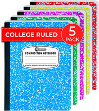 5 Pack Composition Notebooks College Ruled, 200 No Bleed Pages 100 Sheets 9-3/