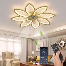 Modern LED Ceiling Fan Light Gold Flower Dimmable 90cm App Control Quiet Bedroom