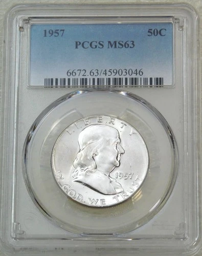 1957 P Franklin Half Dollar PCGS MS63 95% FBL Frosty Luster New Holder #J209F