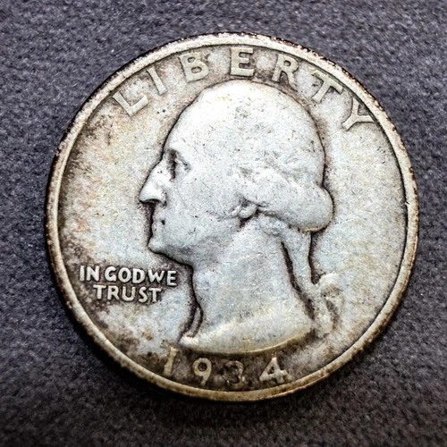 1934-P Washington Silver Quarter Medium Motto Fine (F) 90% Silver