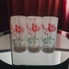 Vintage Set of 3 Floral Red Rose Hi Ball Tumblers Drinking Glasses Gold Rim