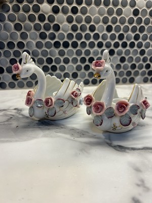 Vintage Chikusa Porcelain Swan Candle Holder & Trinket Occupied Japan - Set of 2