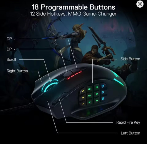 Redragon M908 Wired Gaming Mouse RGB LED 18 Buttons 12400 DPI Laser USB PC Mac - Picture 3 of 7