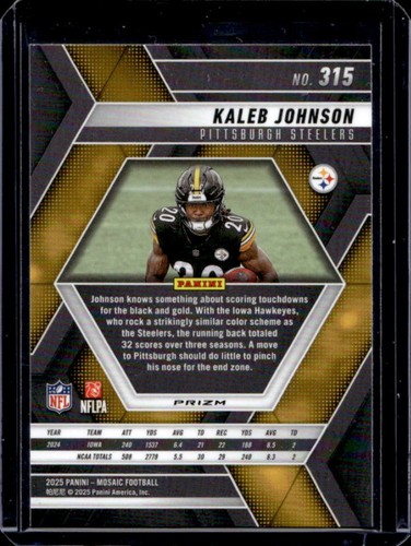 2025 Mosaic Kaleb Johnson Rookies RC Silver Rookie #315 Steelers - Picture 2 of 2