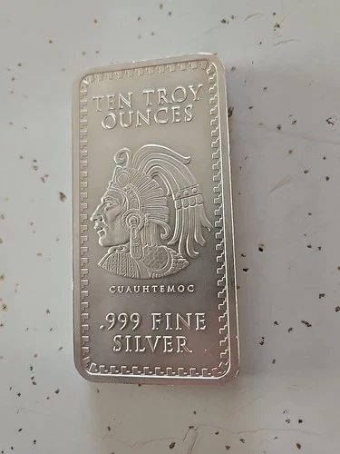 10oz Silver Bar Ten Troy Ounces .999 Fine Silver Cuauhtemoc Aztec Design Stacker