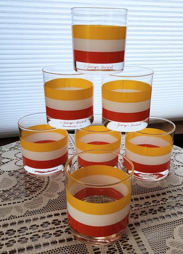 1 MCM Georges Briard CABANA Striped Orange Sunrise Old Fashion Barware Glasses - Picture 4 of 7