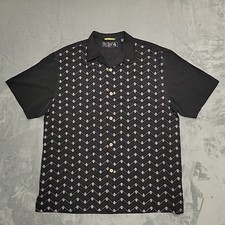 Nat Nast Shirt Men L Black 100 Silk Short Sleeve Camp Bowling zig zag Embroider