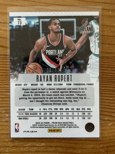 Rayan Rupert /99 RC 2023/24 Panini Prizm Deca PURPLE #73 Rookie Blazers SP 🇫🇷 - Bild 2 von 2