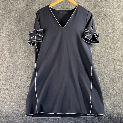 ZARA BASIC Shift Dress M  Navy Blue White Trim Bow Sleeve V-Neck