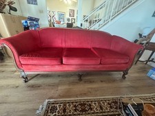 1928 Victorian Red Velvet Sofa, Armchair and Footstool