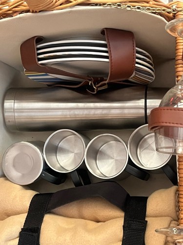 Picnic at Ascot Barrel Picnic Basket  Canvas Lined Rattan W/Leather  - serves 4 - Picture 4 of 24