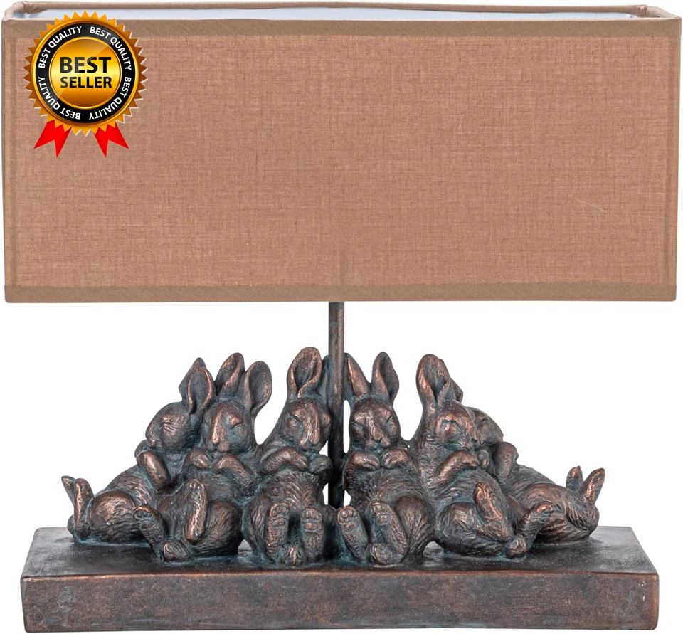 Lámpara de mesa de conejo de resina con pantalla rectangular de lino, acabado bronce Foto 4 de 4