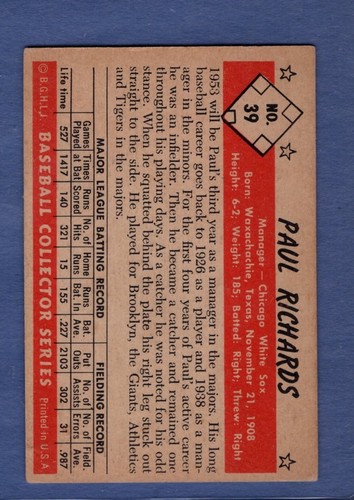 1953 BOWMAN COLOR BASEBALL #39 PAUL RICHARDS                            AWESOME! - Picture 2 of 2