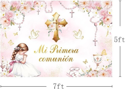 MEHOFOND 7x5ft Pink Floral Mi Primera Comunión Backdrop with Girl Spring Flowers - Picture 1 of 4