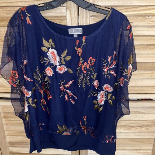 JM Collection Top Women's Size P/XL Navy Blue Embroidered Flowers Double Layer