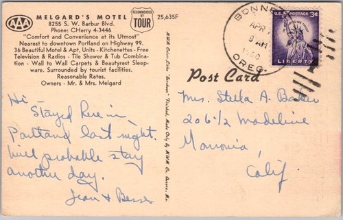 PORTLAND, Oregon LINEN Postcard MELGARD'S MOTEL Highway 99 Roadside / 1960 - Picture 2 of 2